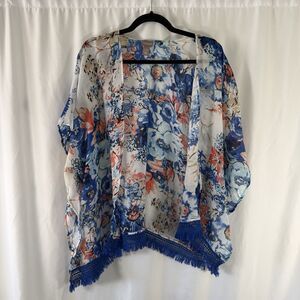 Chico's Wrap Cardigan Women's L XL White Floral Sheer Open Front Lightweight